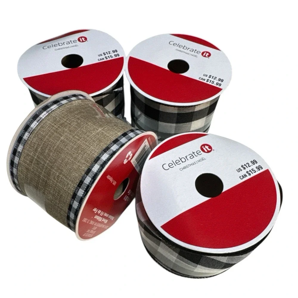 Bundle of 4! White Buffalo Tan‎ Check Wired Ribbon 2.5